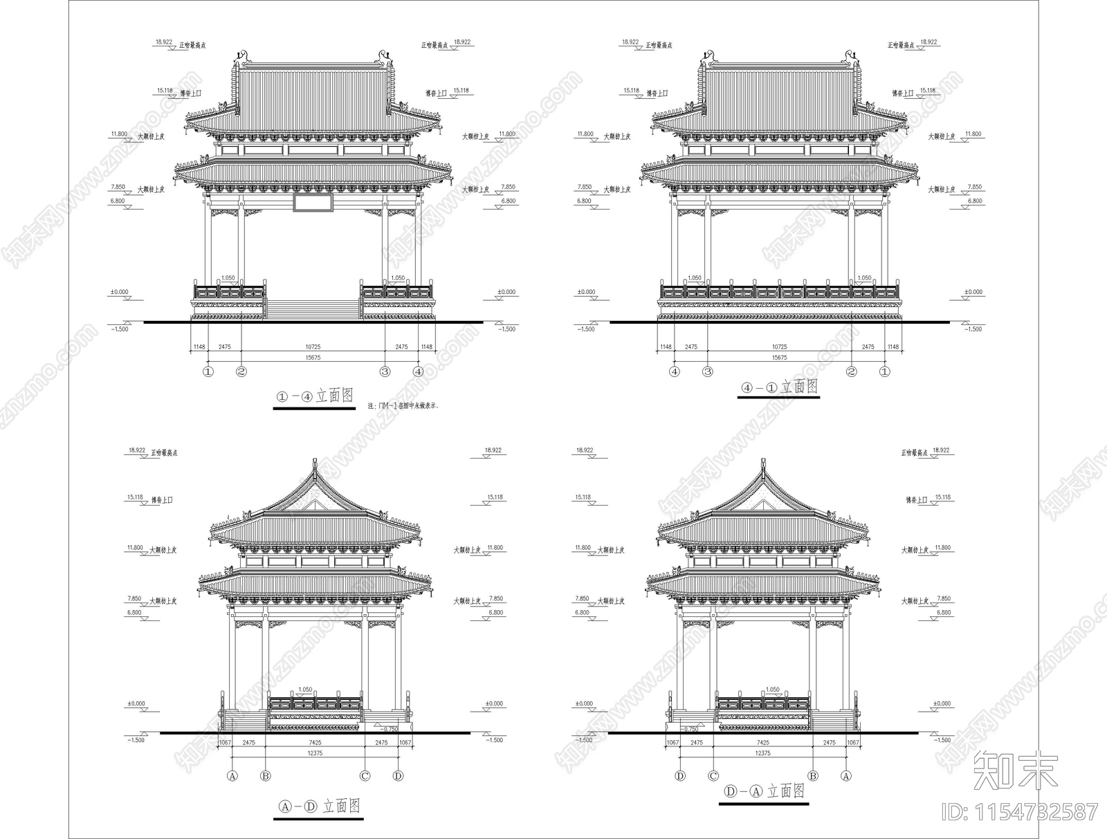 传统重檐亭歇山重顶亭cad施工图下载【ID:1154732587】
