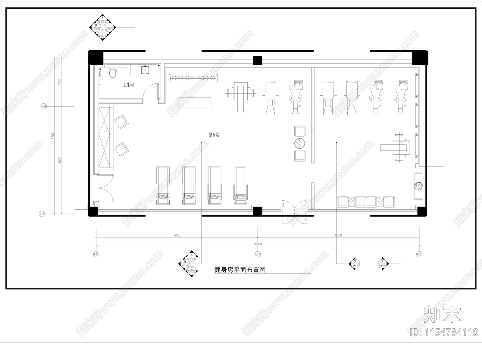 商务会所健身房cad施工图下载【ID:1154734119】