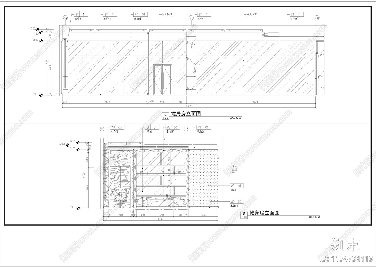 商务会所健身房cad施工图下载【ID:1154734119】