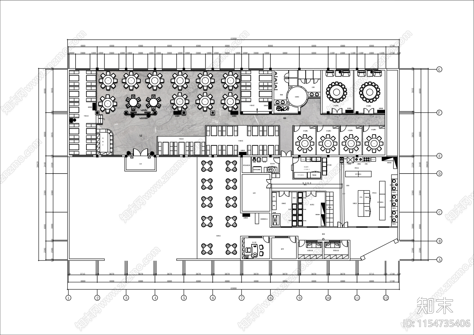 800㎡中式酒楼平面布置图cad施工图下载【ID:1154735406】