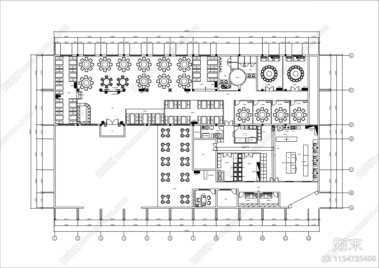 800㎡中式酒楼平面布置图cad施工图下载【ID:1154735406】