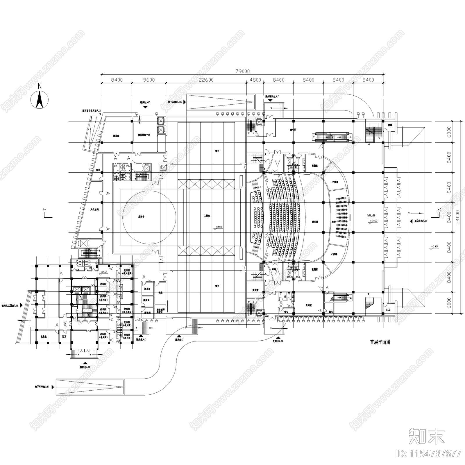 二七剧场建筑平立剖面CAD施工图下载【ID:1154737677】