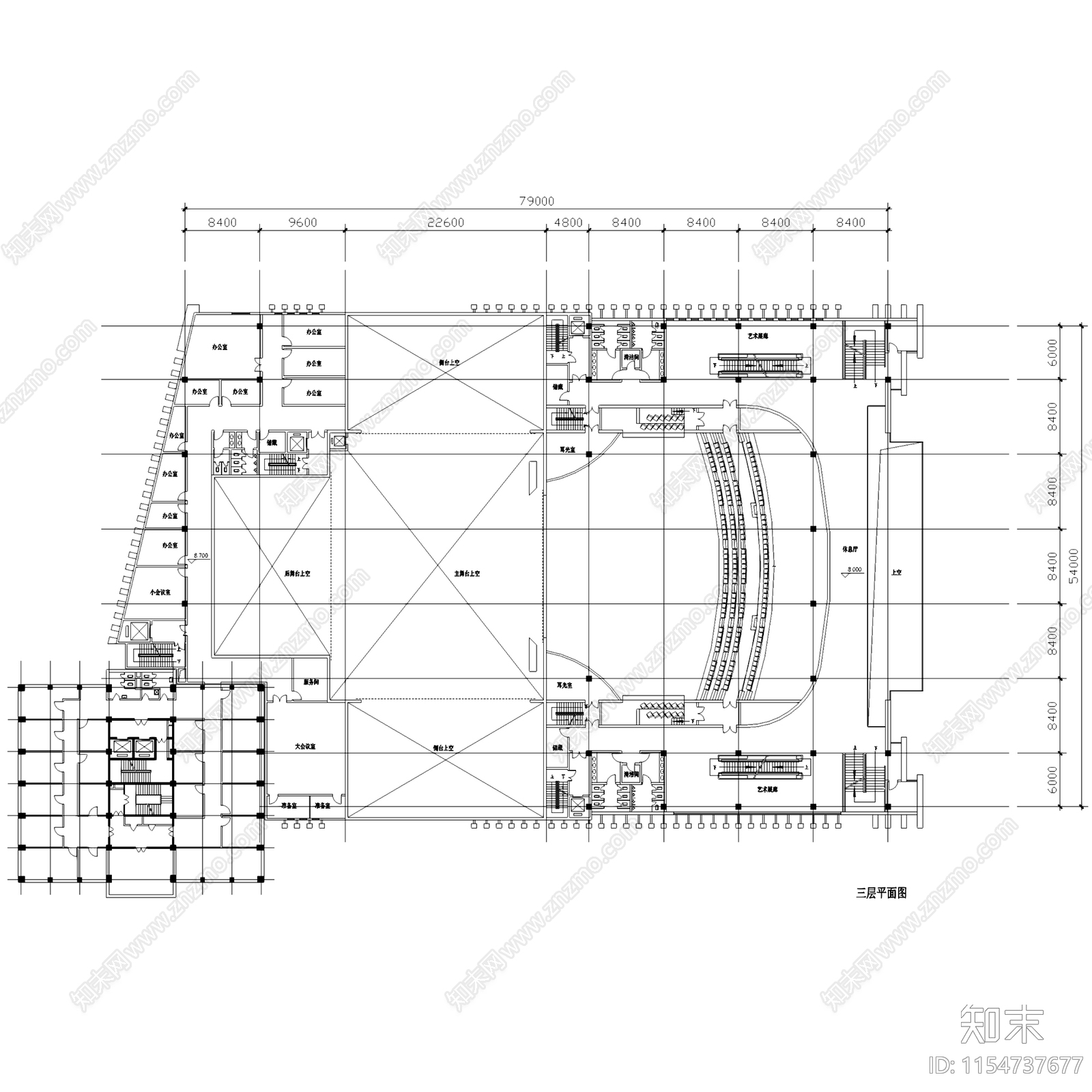 二七剧场建筑平立剖面CAD施工图下载【ID:1154737677】