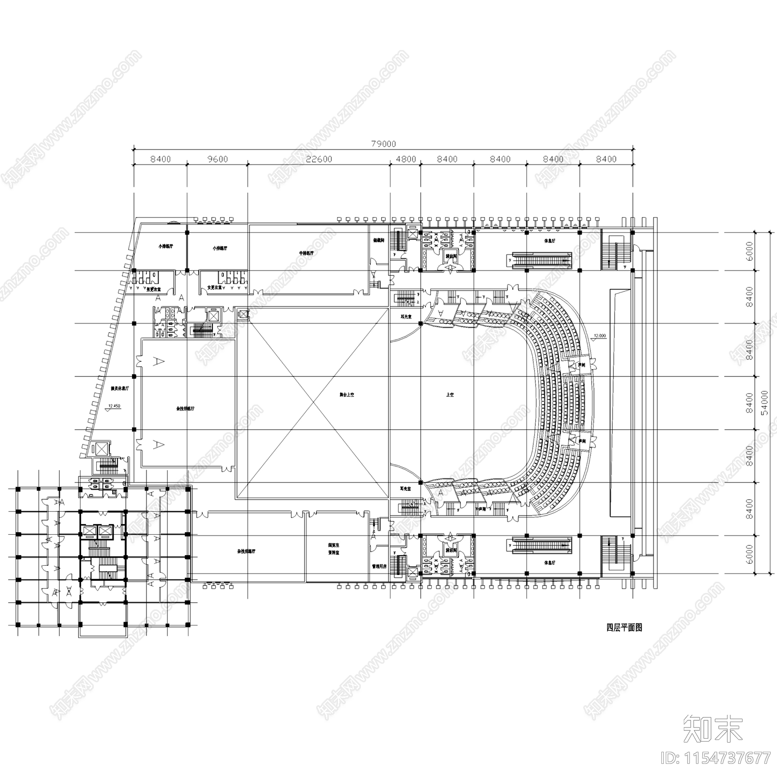 二七剧场建筑平立剖面CAD施工图下载【ID:1154737677】