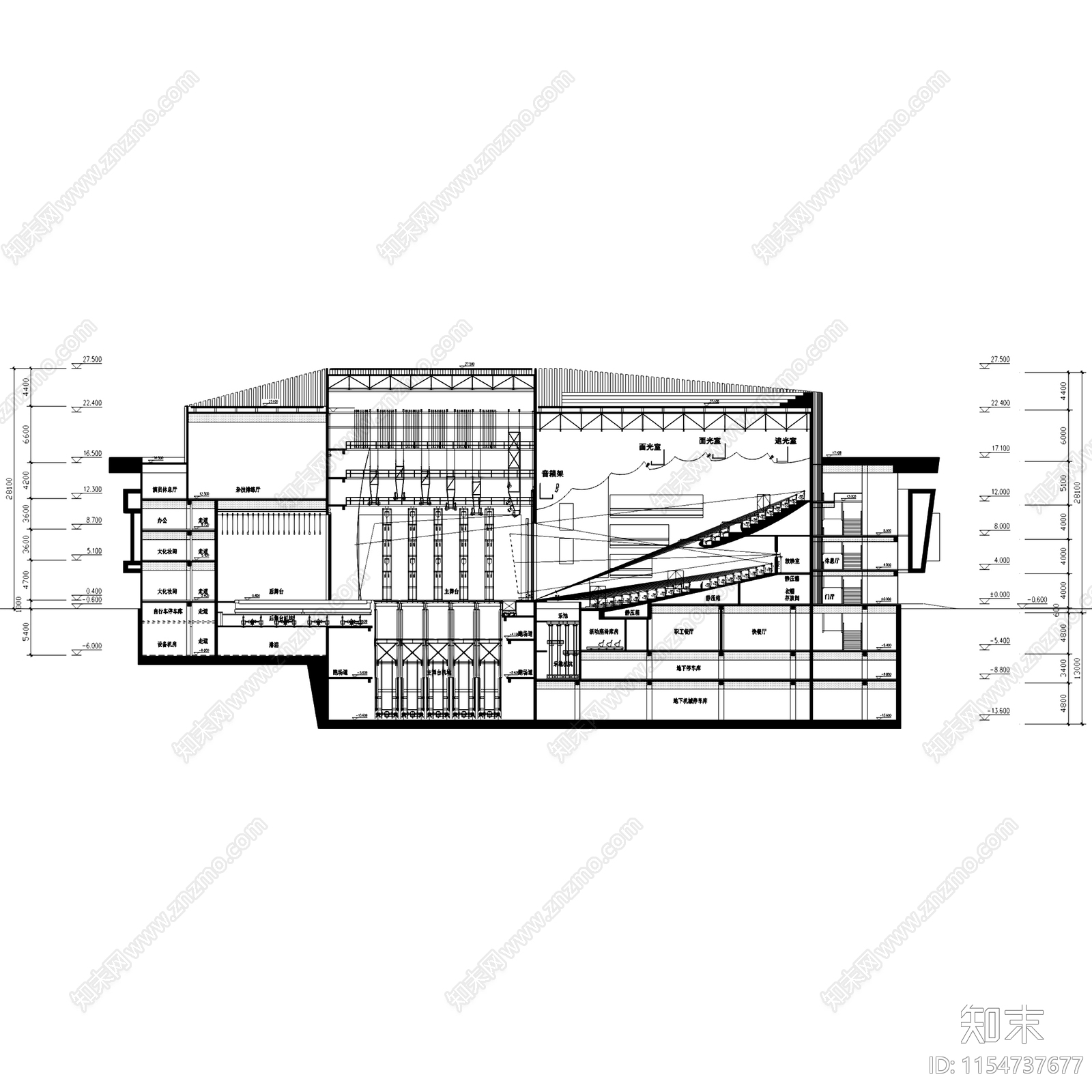 二七剧场建筑平立剖面CAD施工图下载【ID:1154737677】