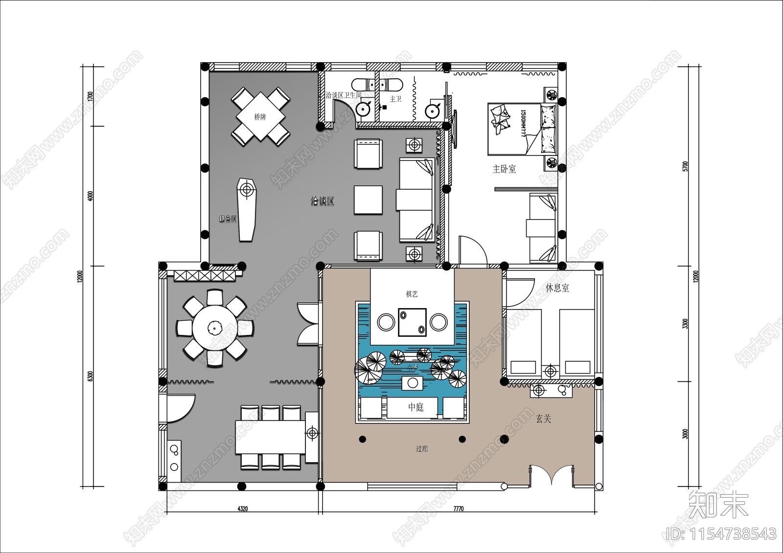 120㎡茶楼棋牌会所平面布置图cad施工图下载【ID:1154738543】