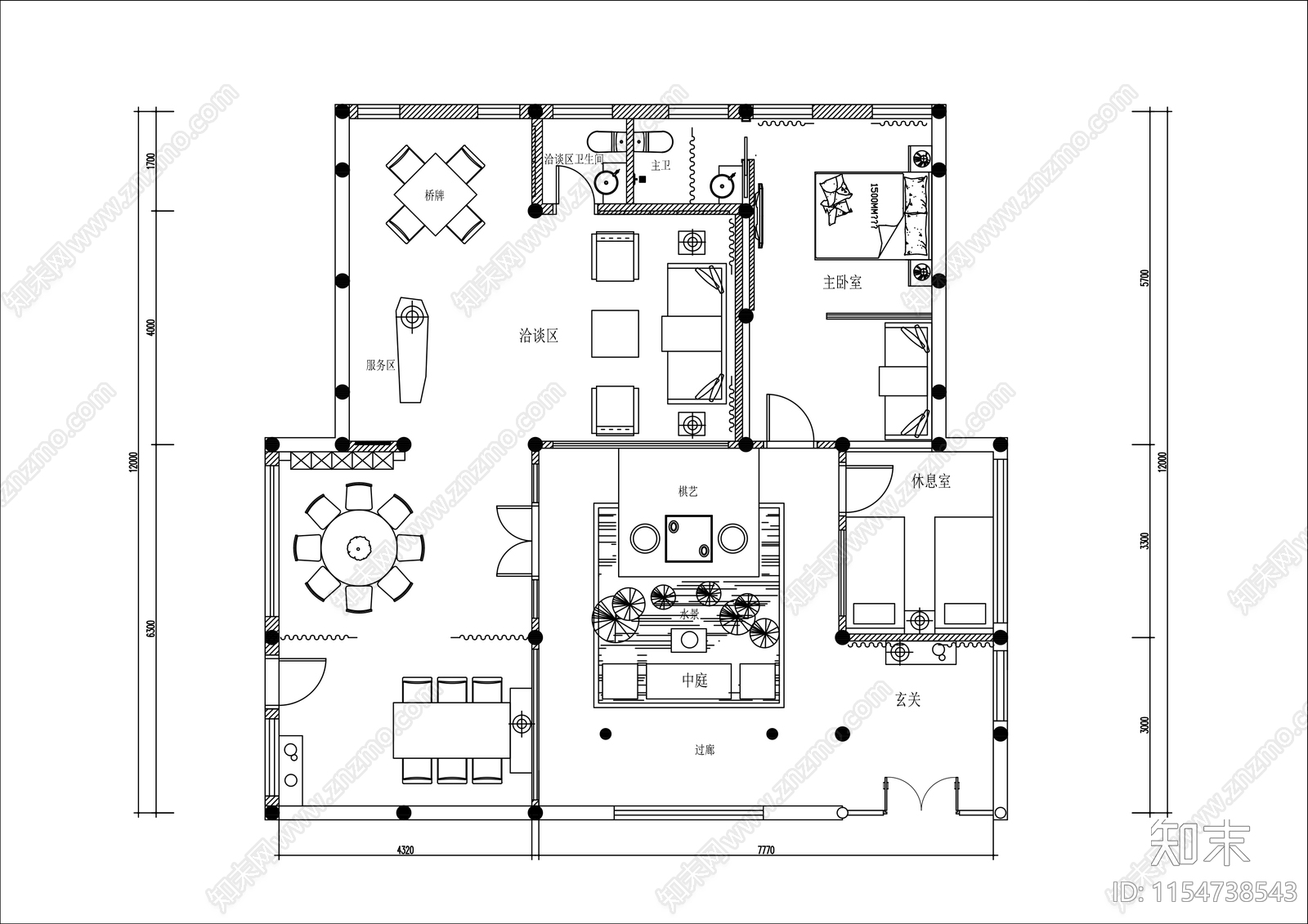 120㎡茶楼棋牌会所平面布置图cad施工图下载【ID:1154738543】