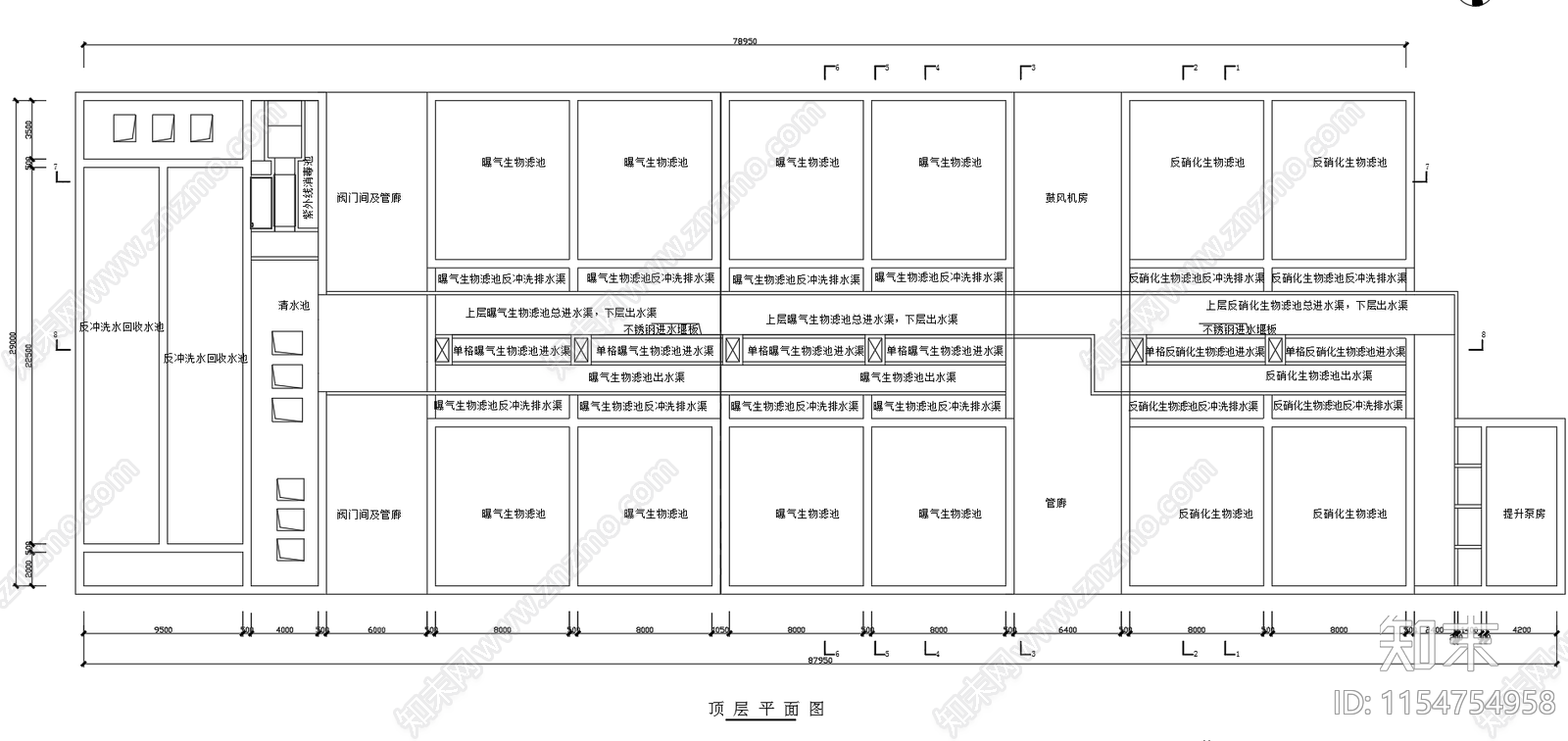 污水处理厂生物滤池平面剖面图cad施工图下载【ID:1154754958】