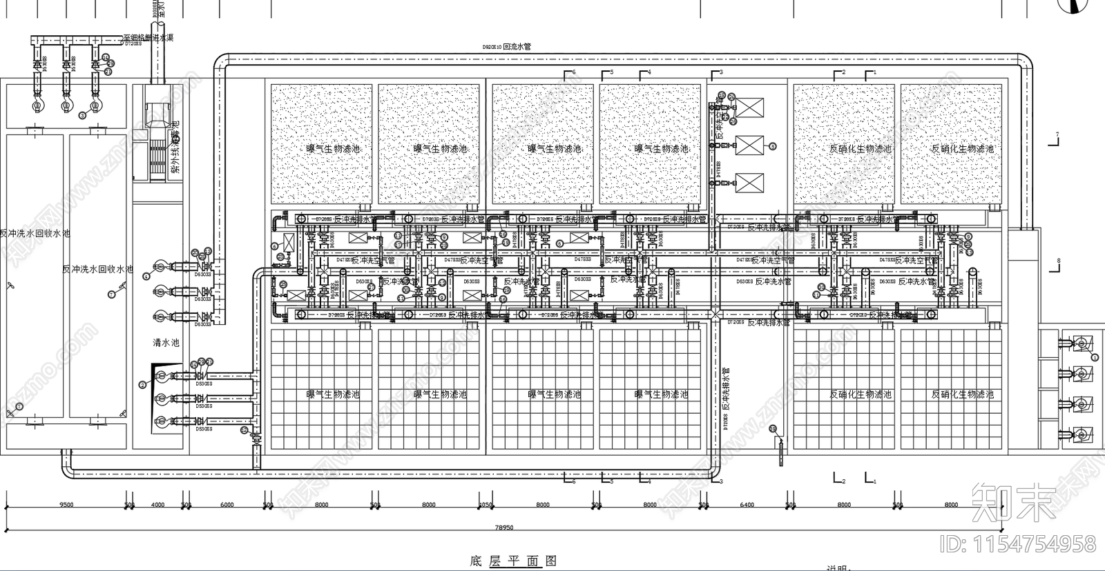 污水处理厂生物滤池平面剖面图cad施工图下载【ID:1154754958】