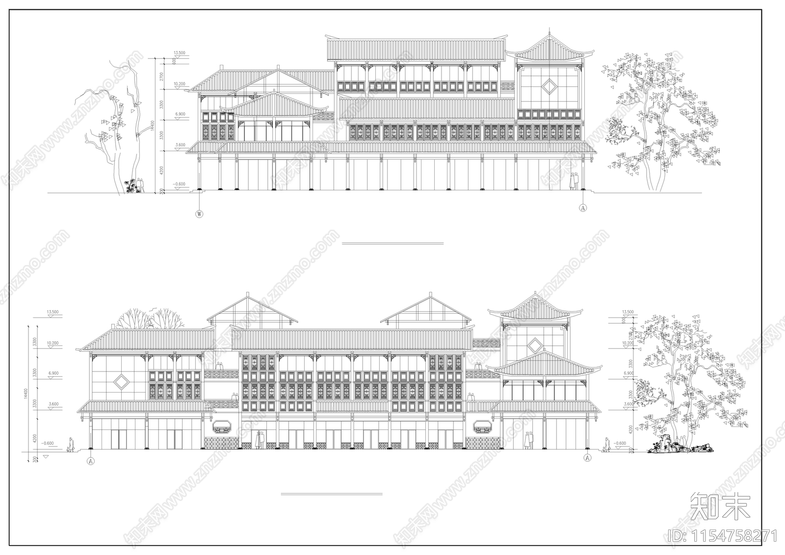 民居式客栈初步设计图cad施工图下载【ID:1154758271】
