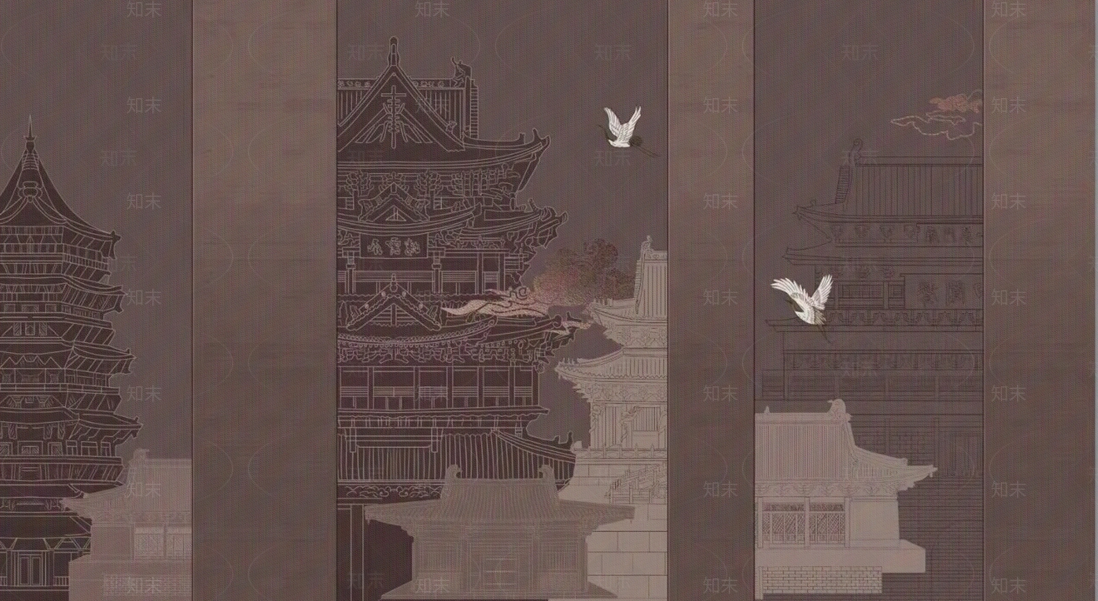 中式建筑禅意壁纸壁画背景墙贴图下载【ID:1154761877】