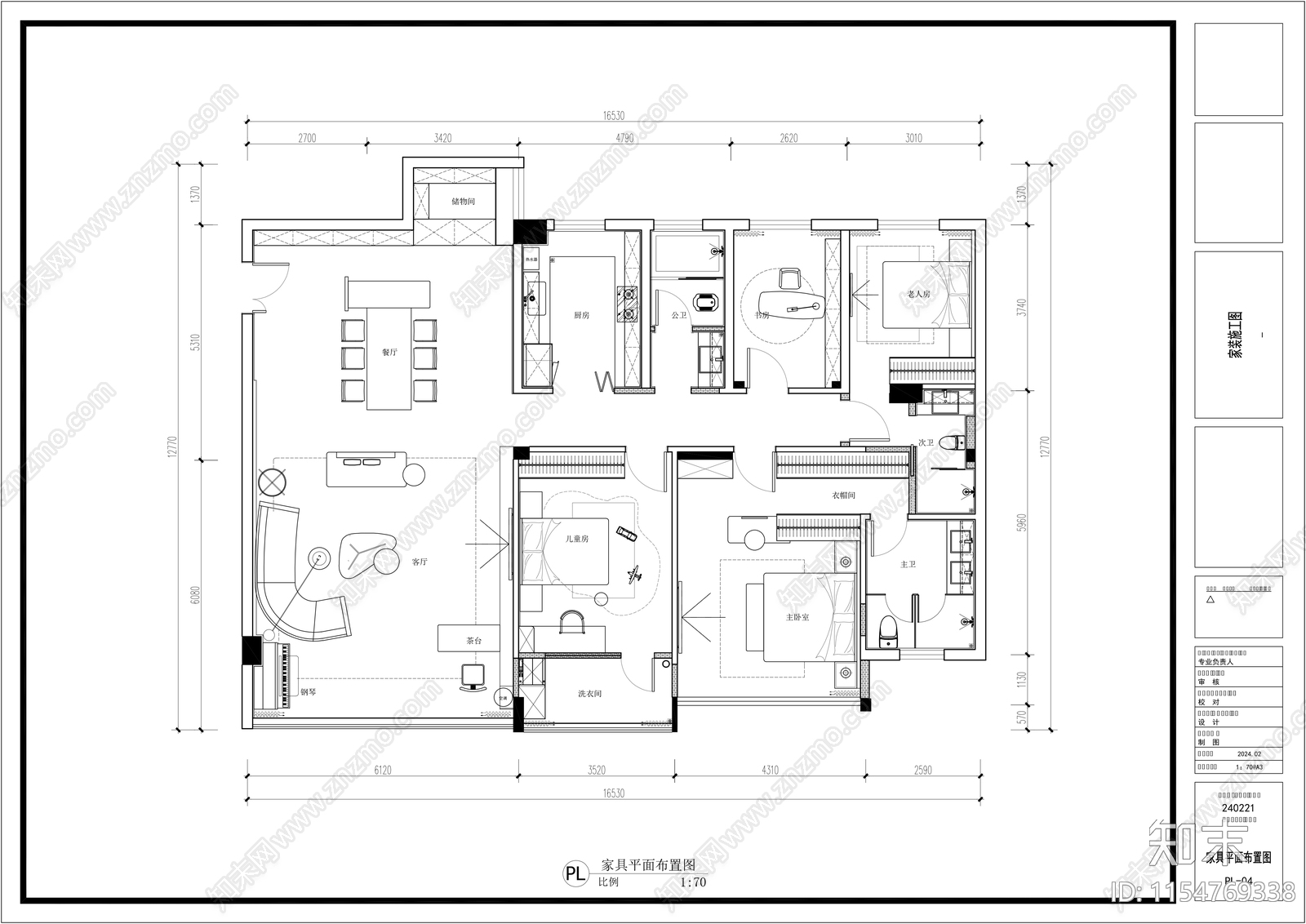 200㎡轻奢风格平面方施工图下载【ID:1154769338】