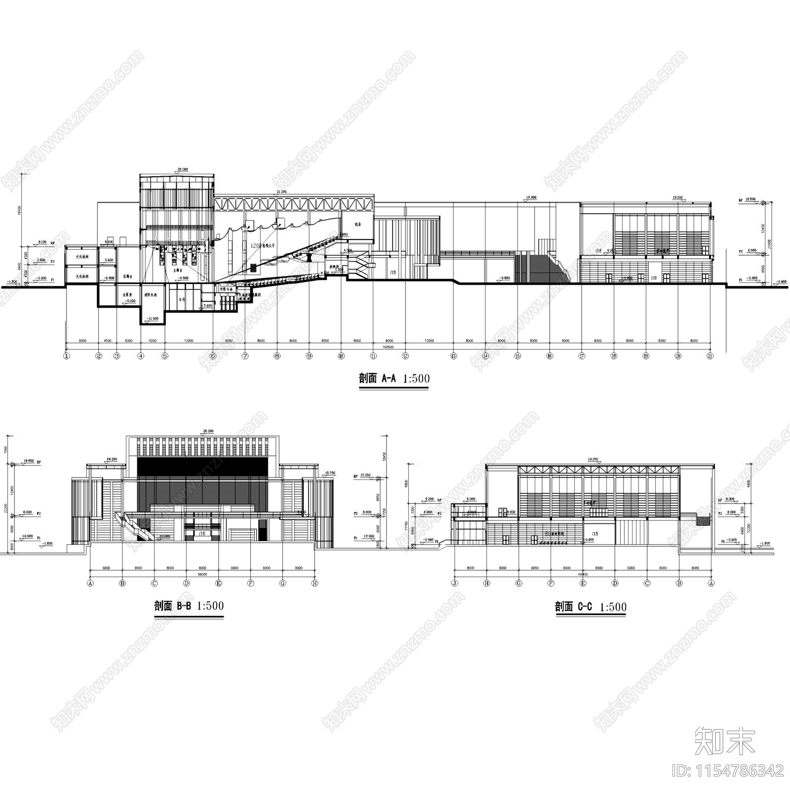 浙江长兴县大剧院影剧院建筑CAD施工图下载【ID:1154786342】