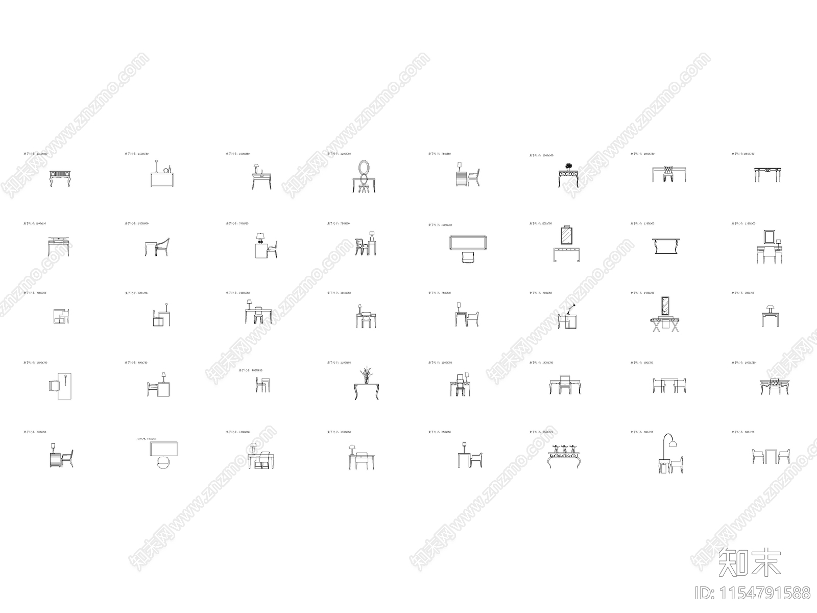 简欧风格书桌组合平立面图施工图下载【ID:1154791588】