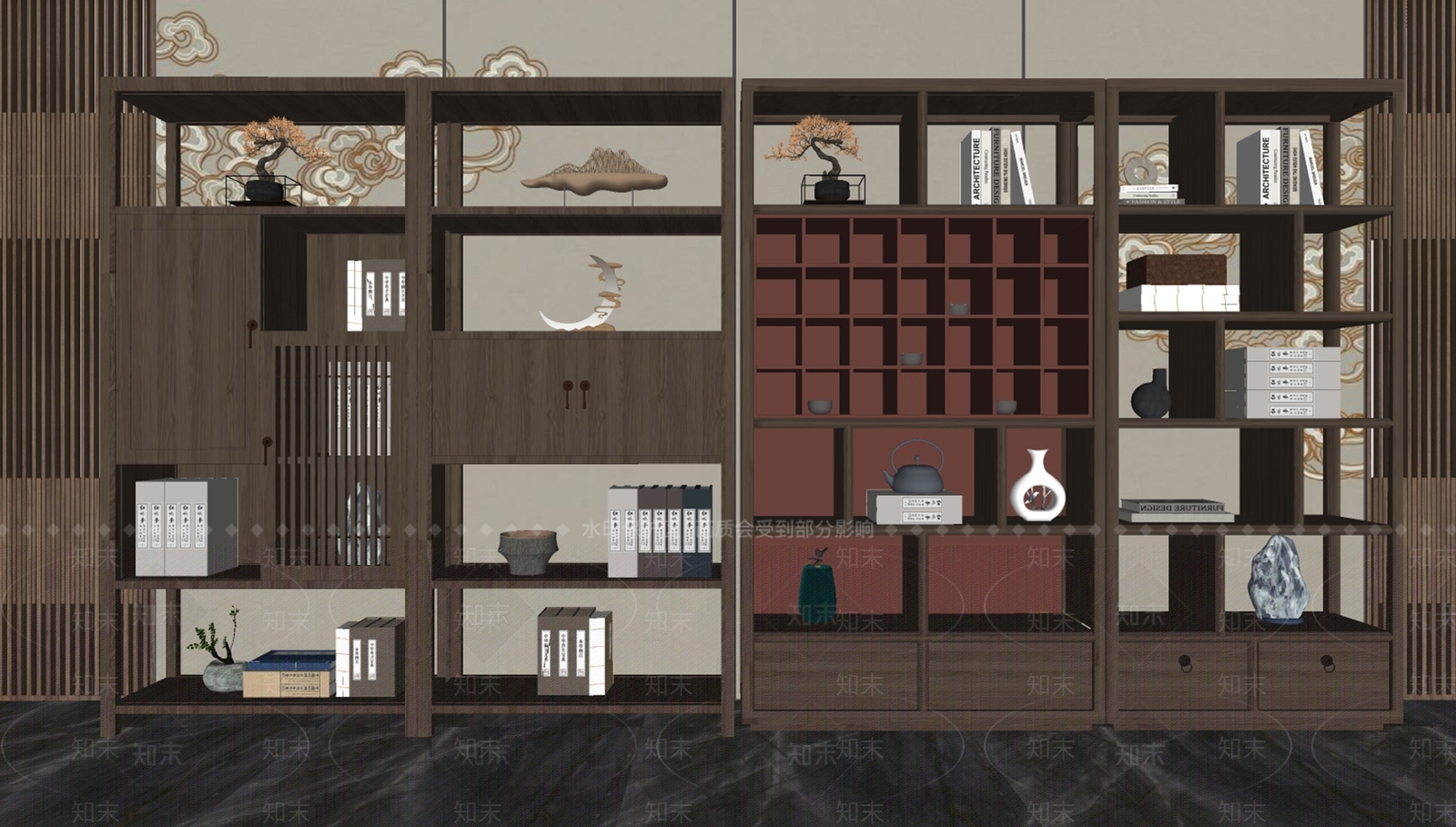 新中式书架SU模型下载【ID:1154798870】