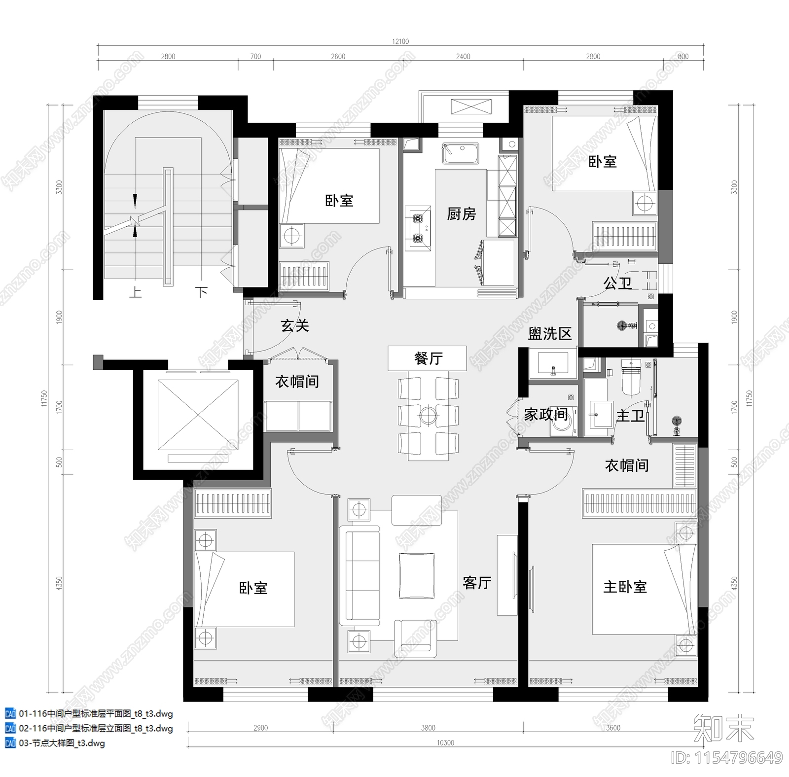 120㎡四室二精装刚需户型样板施工图下载【ID:1154796649】