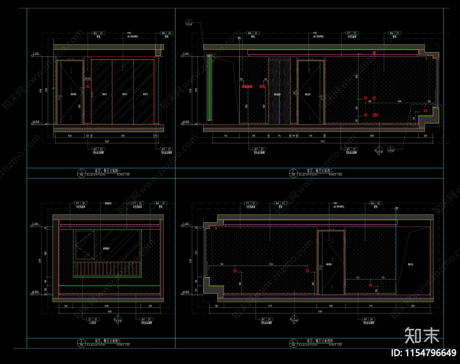 120㎡四室二精装刚需户型样板cad施工图下载【ID:1154796649】
