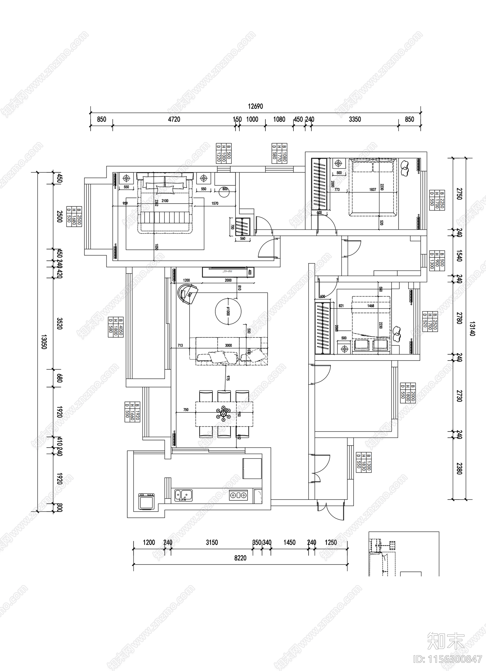 三室两厅大平层设计平面图cad施工图下载【ID:1156300847】