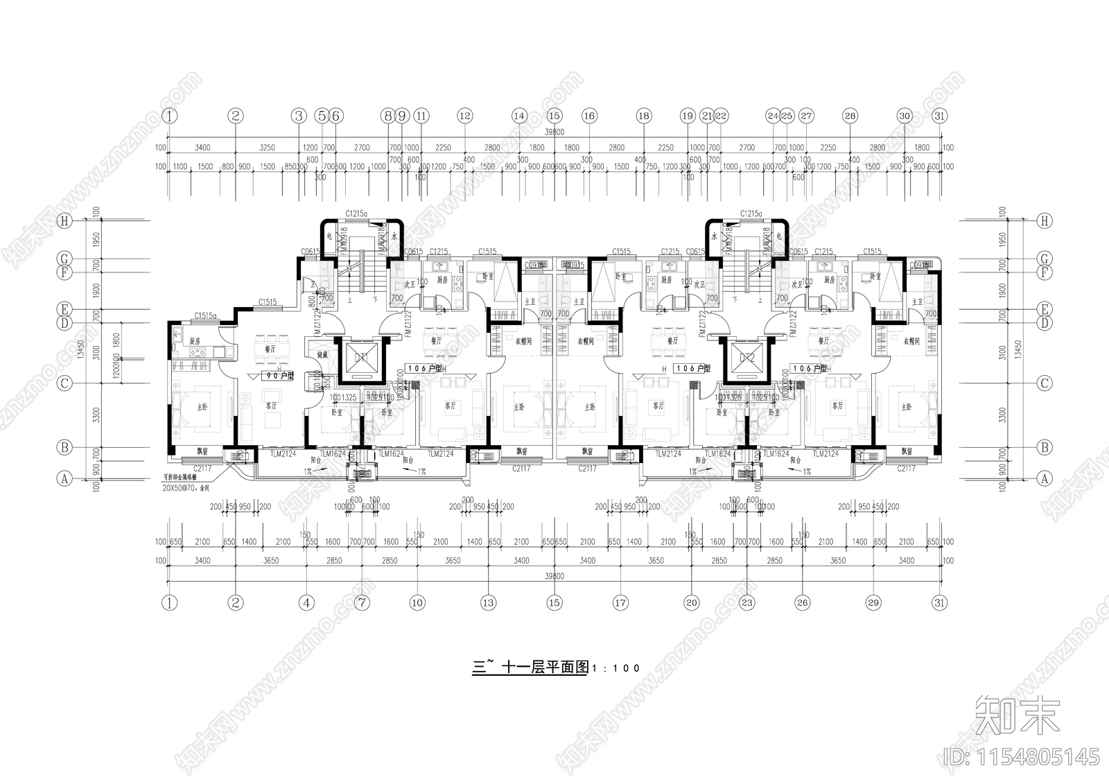 现代多层洋房建筑cad施工图下载【ID:1154805145】