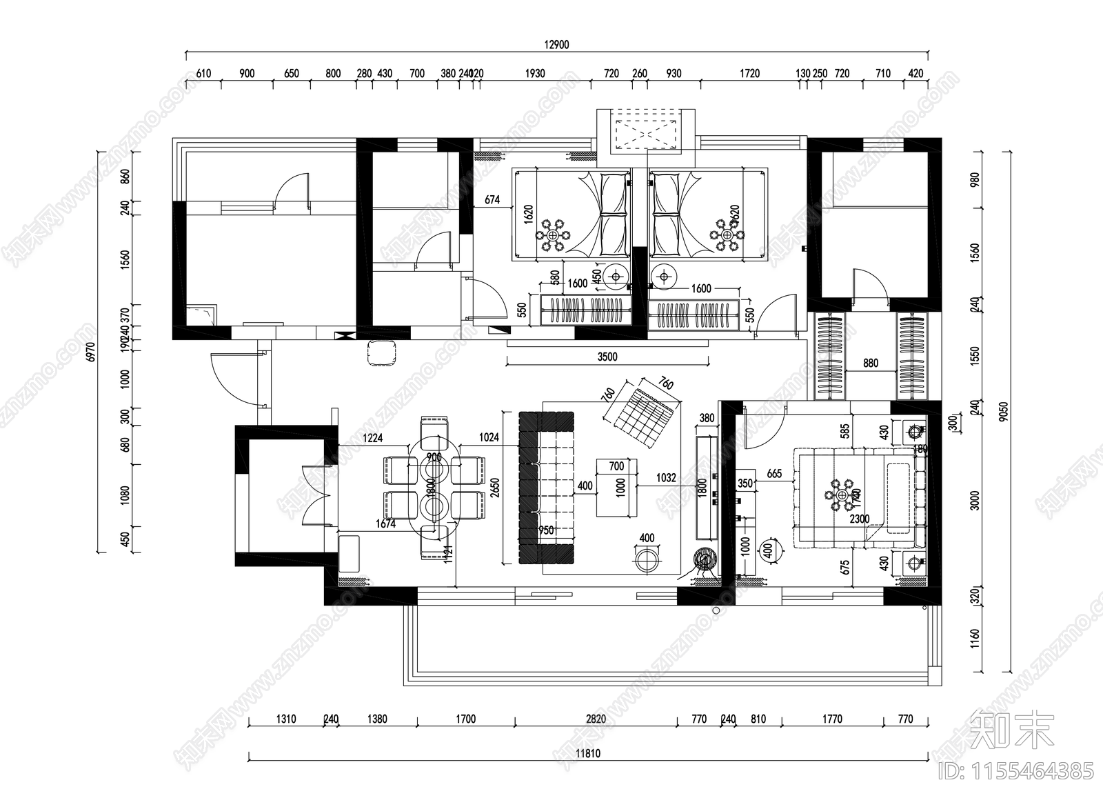 四室两厅平面图cad施工图下载【ID:1155464385】