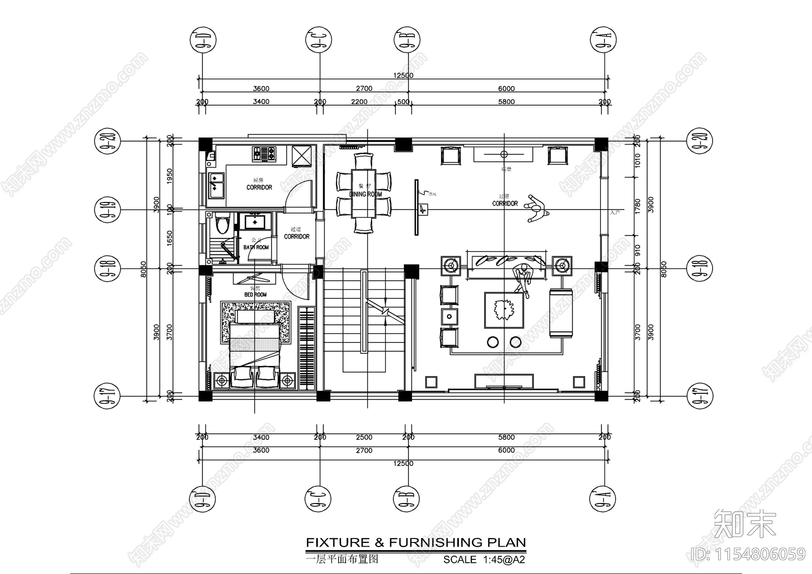 新中式风格三层住宅室内cad施工图下载【ID:1154806059】