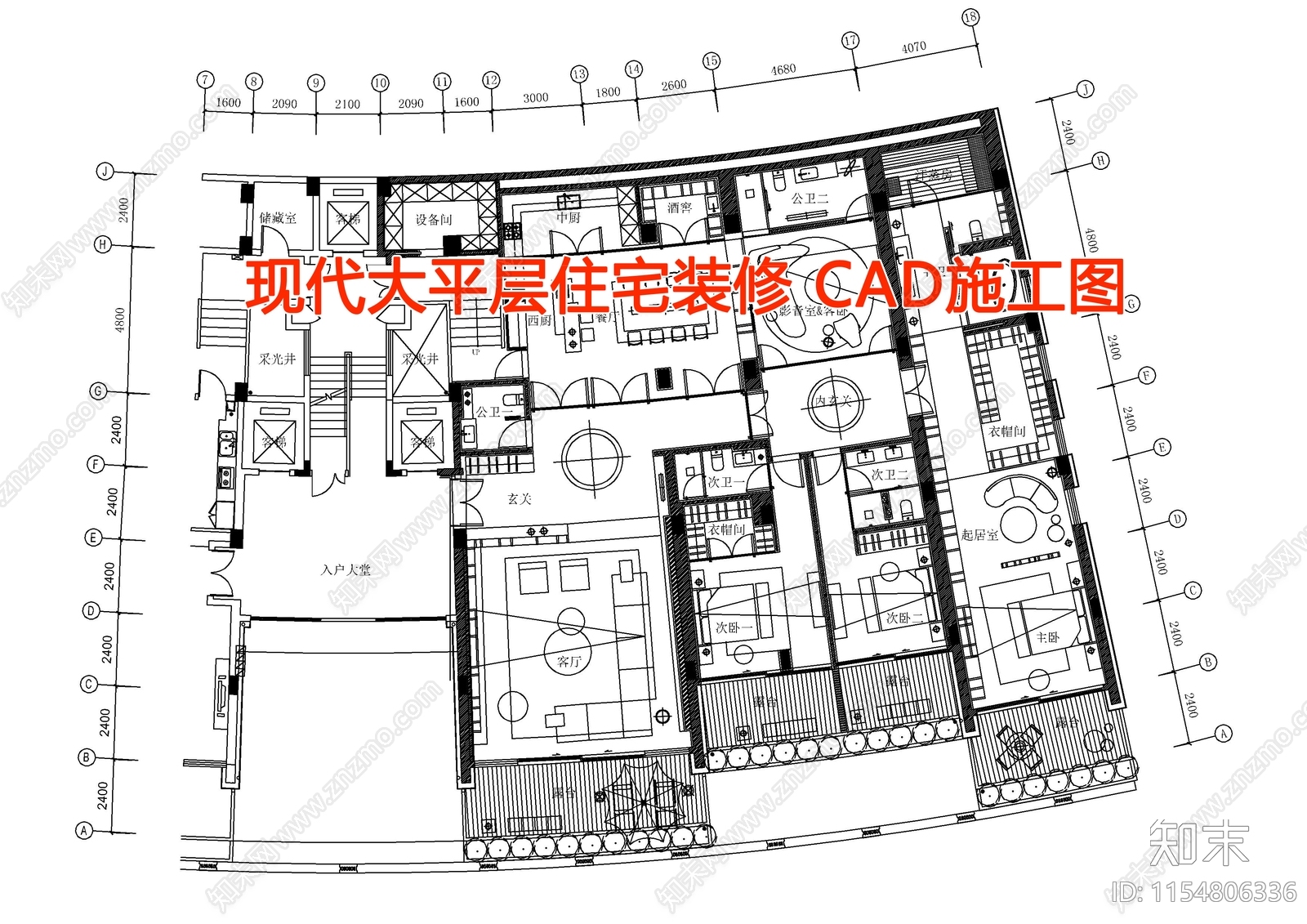 现代大平层住宅室内cad施工图下载【ID:1154806336】