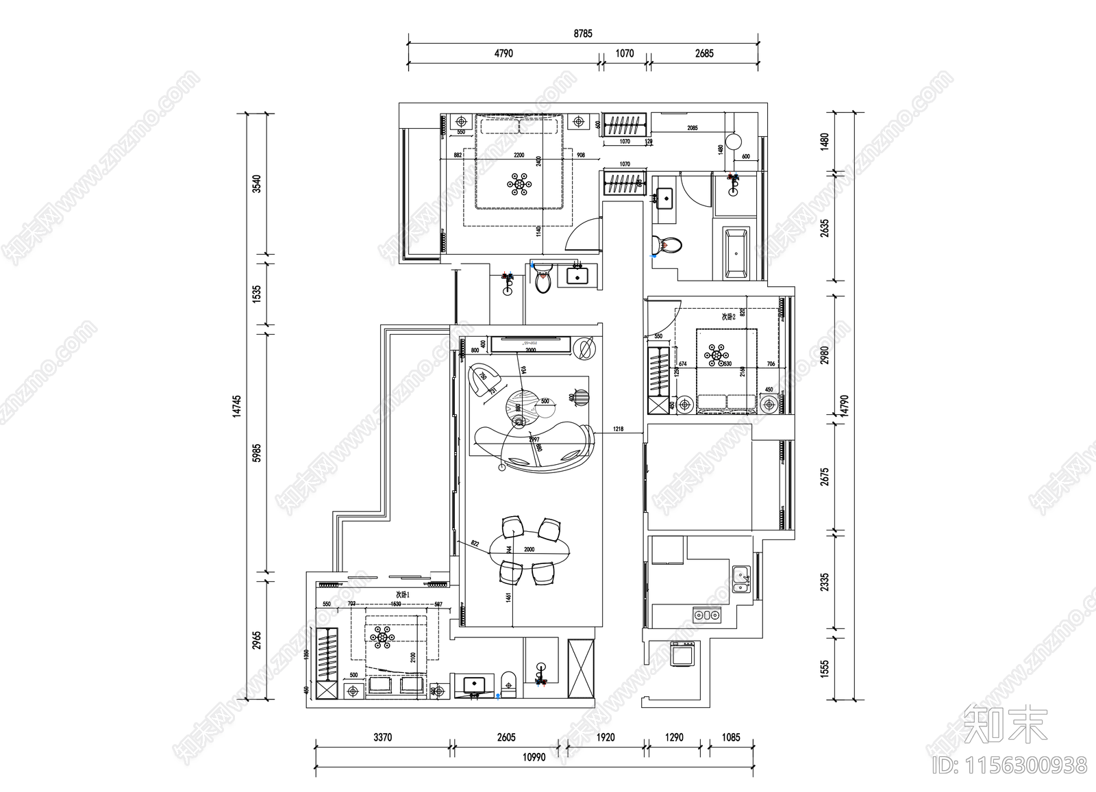 四室两厅室内设计平面图施工图下载【ID:1156300938】