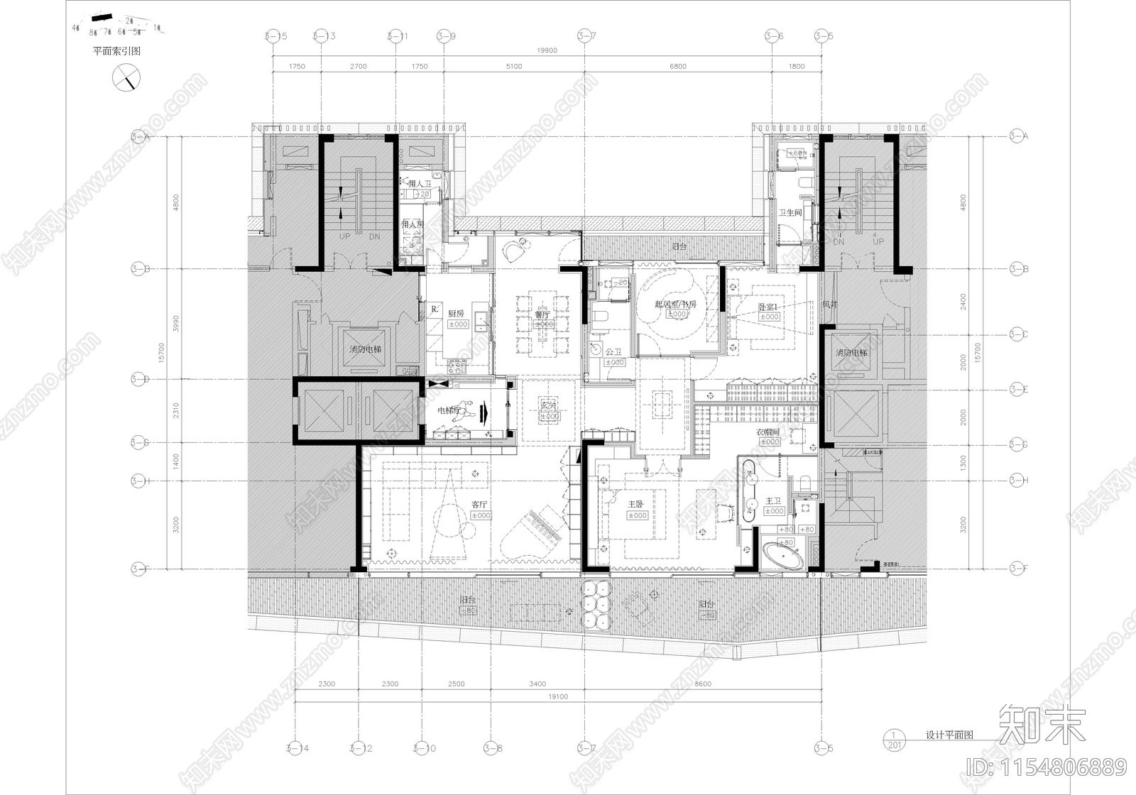 现代风格平层室内cad施工图下载【ID:1154806889】