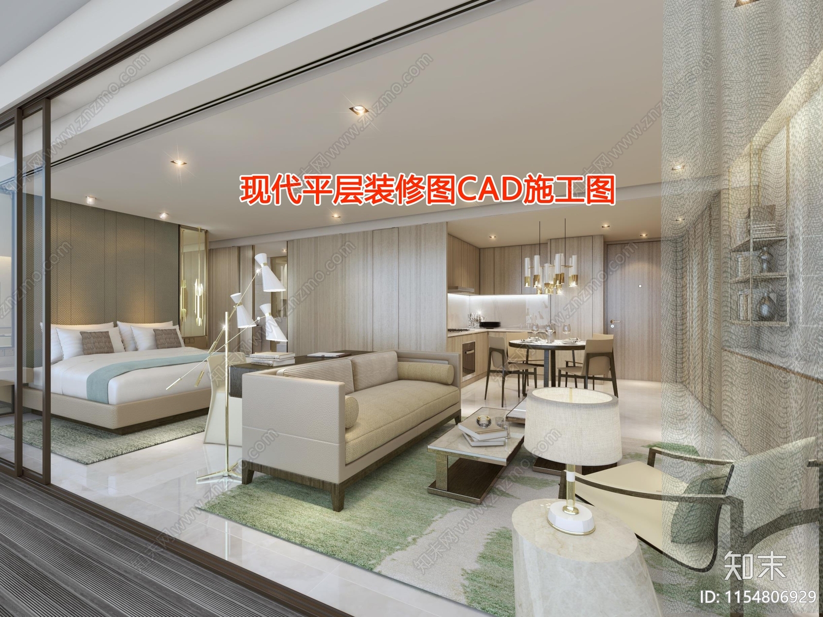 现代平层室内cad施工图下载【ID:1154806929】