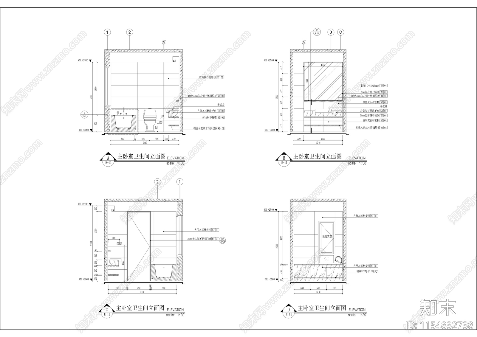 泸州博翠湾爱马仕风格洋房样板间cad施工图下载【ID:1154832738】