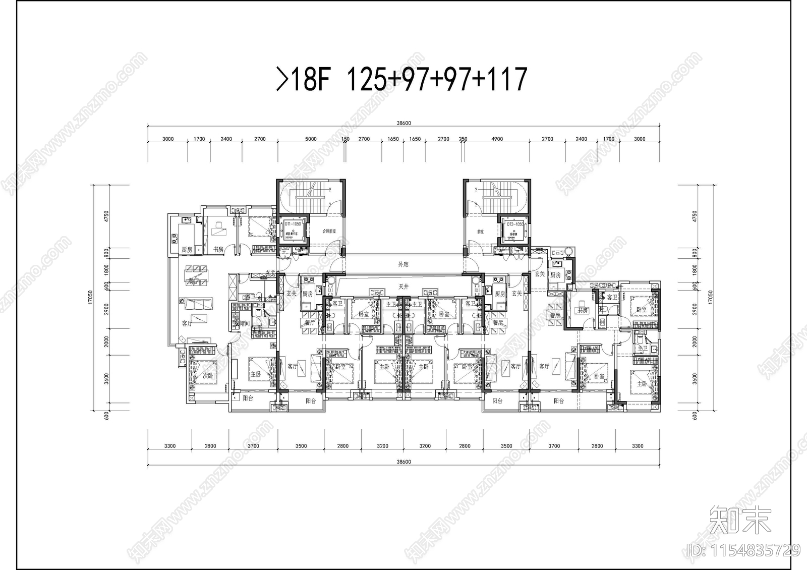 高层户型平面图cad施工图下载【ID:1154835729】