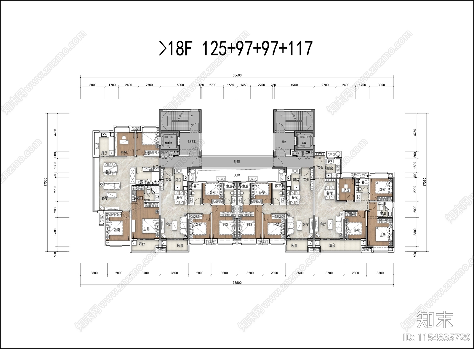 高层户型平面图cad施工图下载【ID:1154835729】