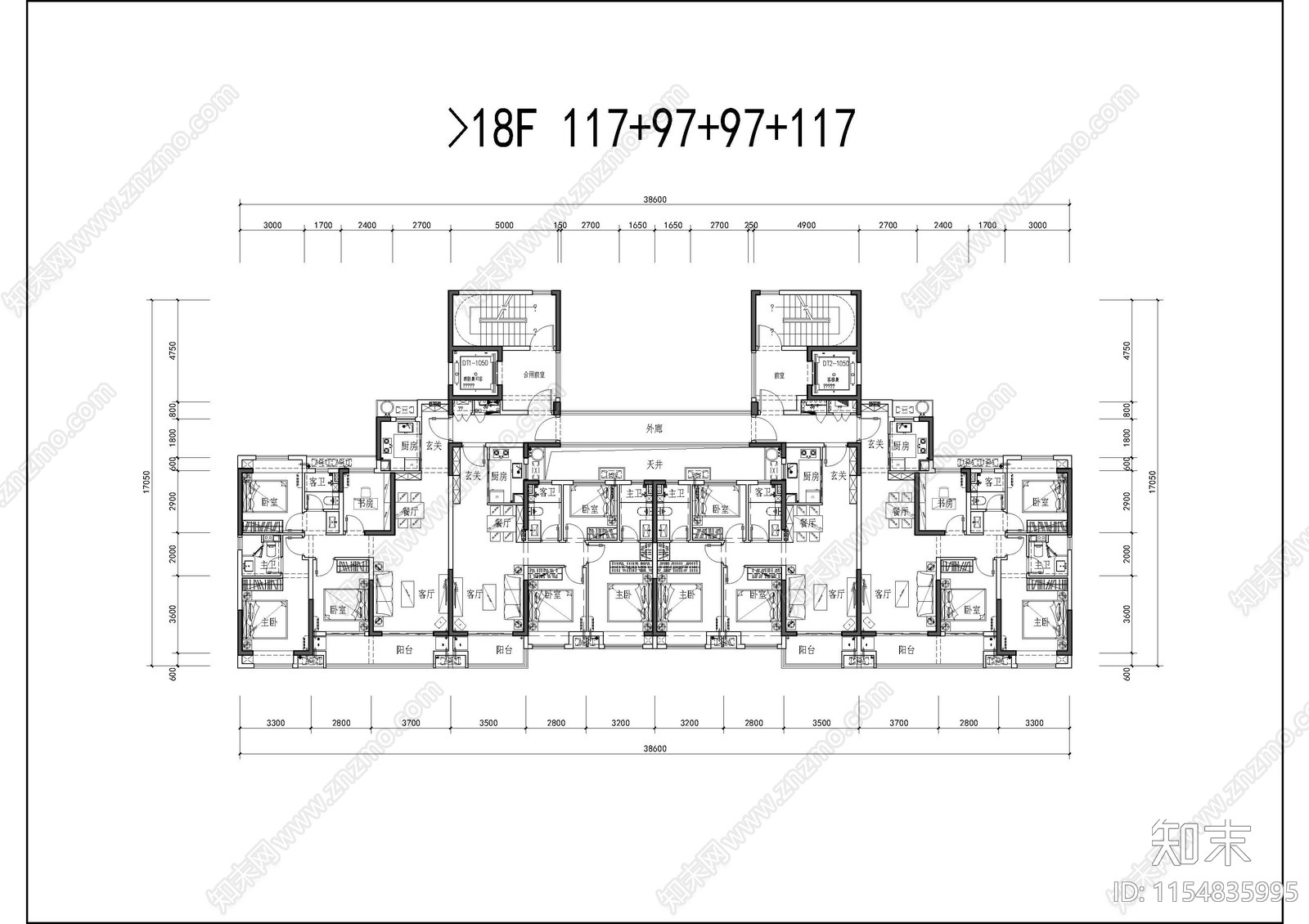 高层户型平面cad施工图下载【ID:1154835995】