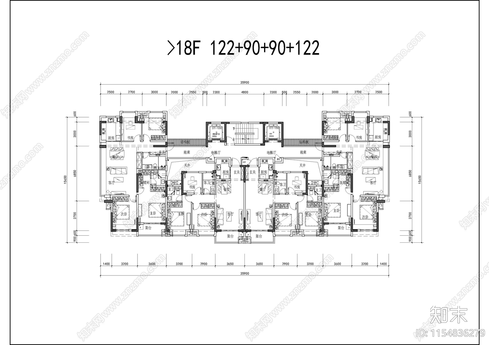 高层户型平面cad施工图下载【ID:1154836279】