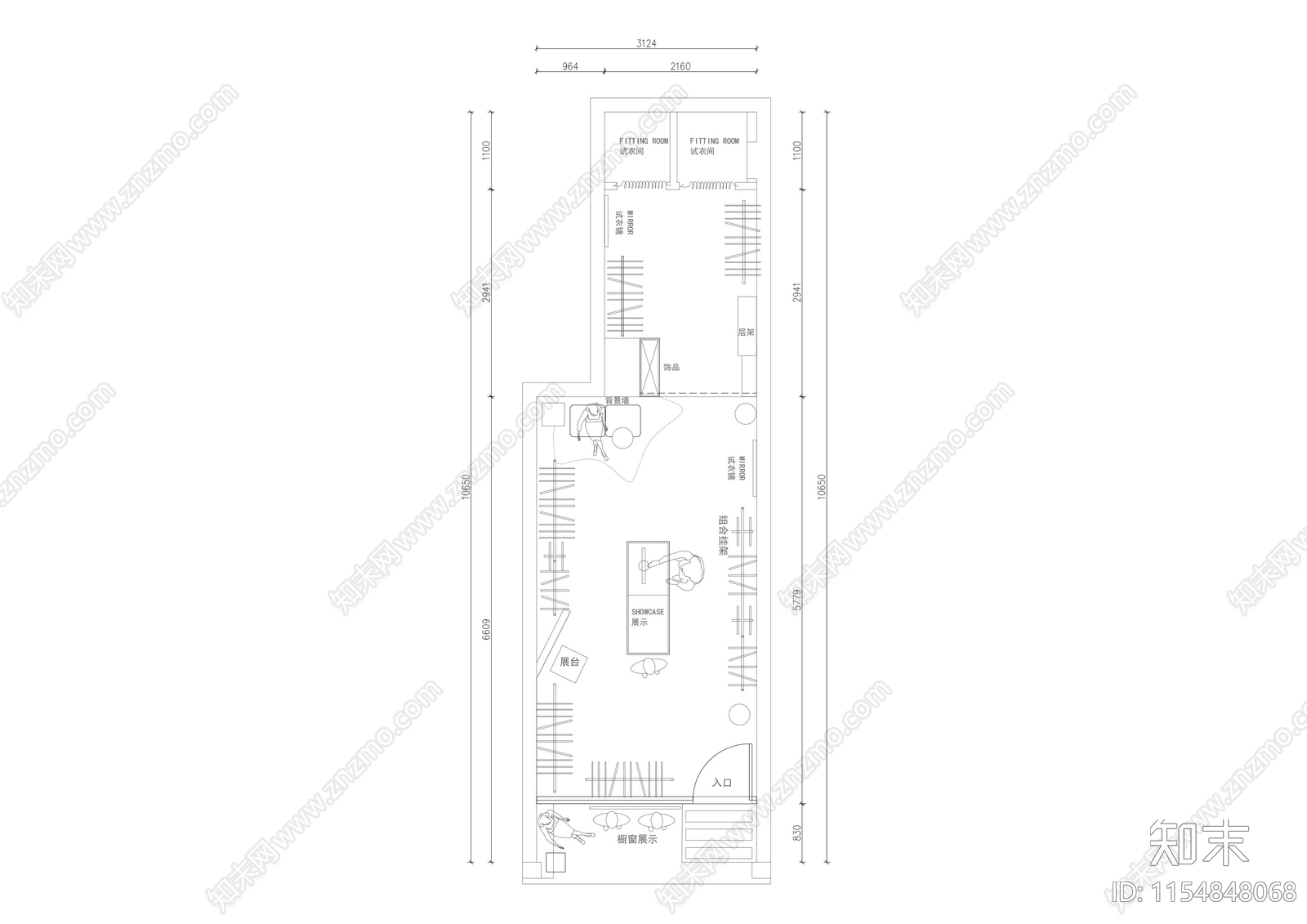 30平服装店铺平面布置图施工图下载【ID:1154848068】