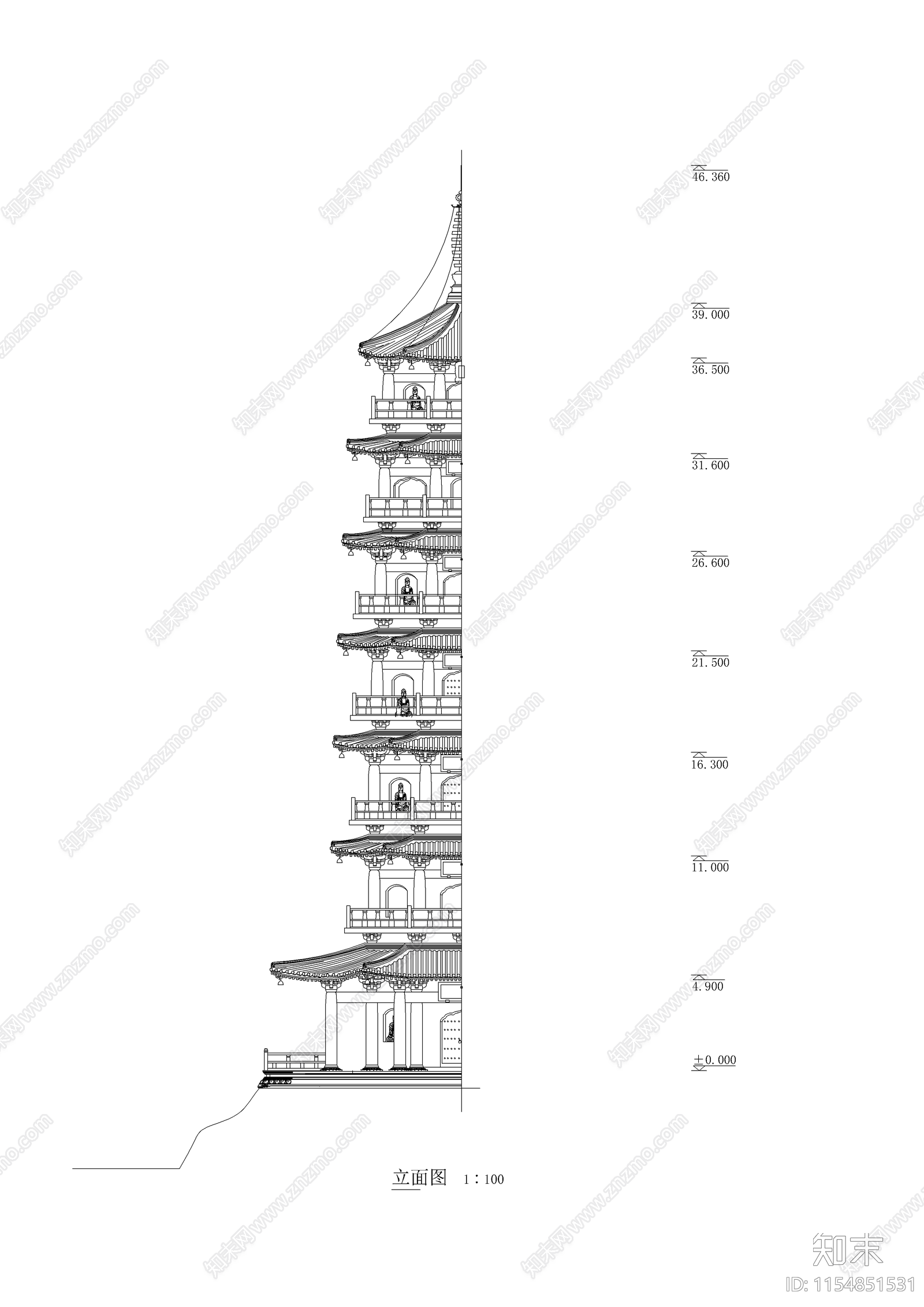 古塔建筑cad施工图下载【ID:1154851531】