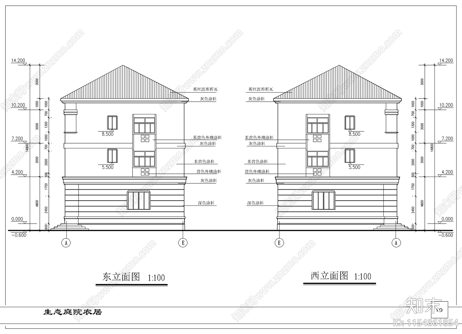 生态庭院农居建筑cad施工图下载【ID:1154861854】