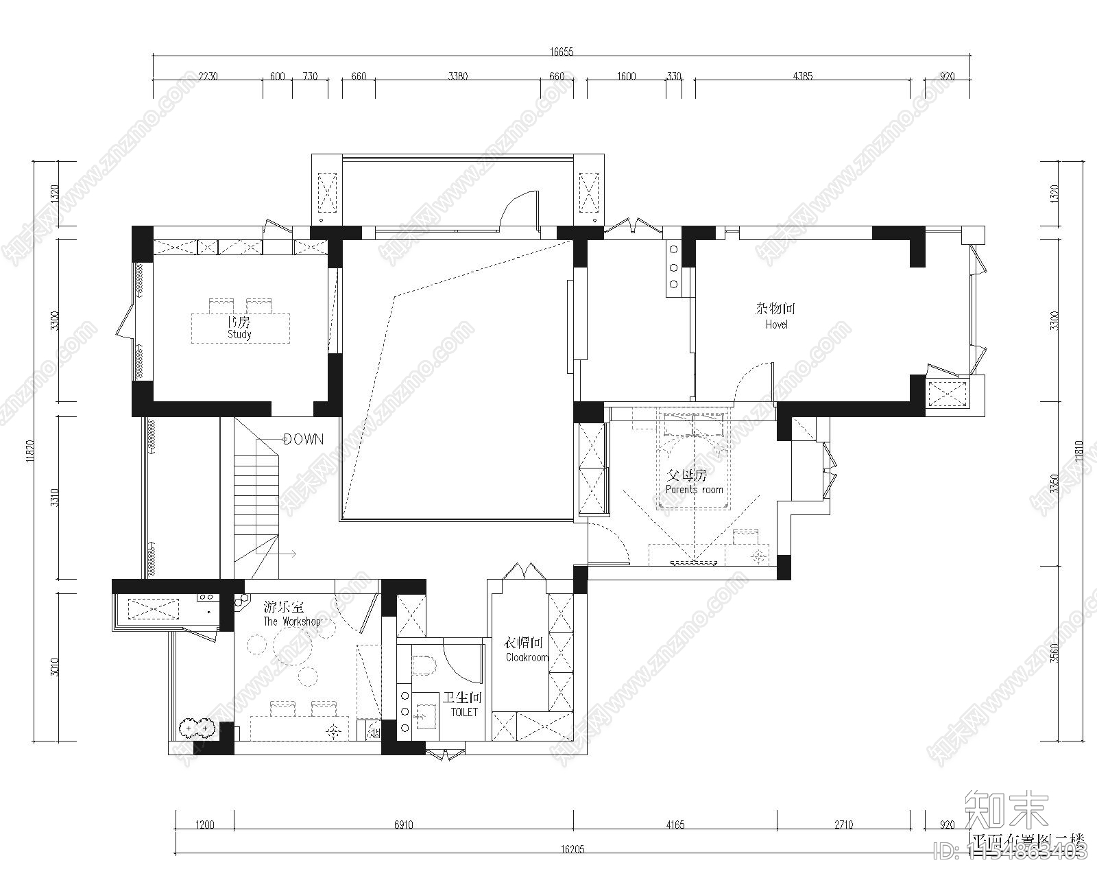 某现代轻奢顶层复式私宅cad施工图下载【ID:1154863403】