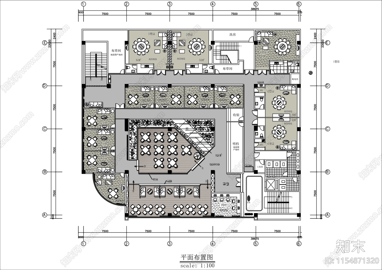 1100㎡酒楼cad施工图下载【ID:1154871320】