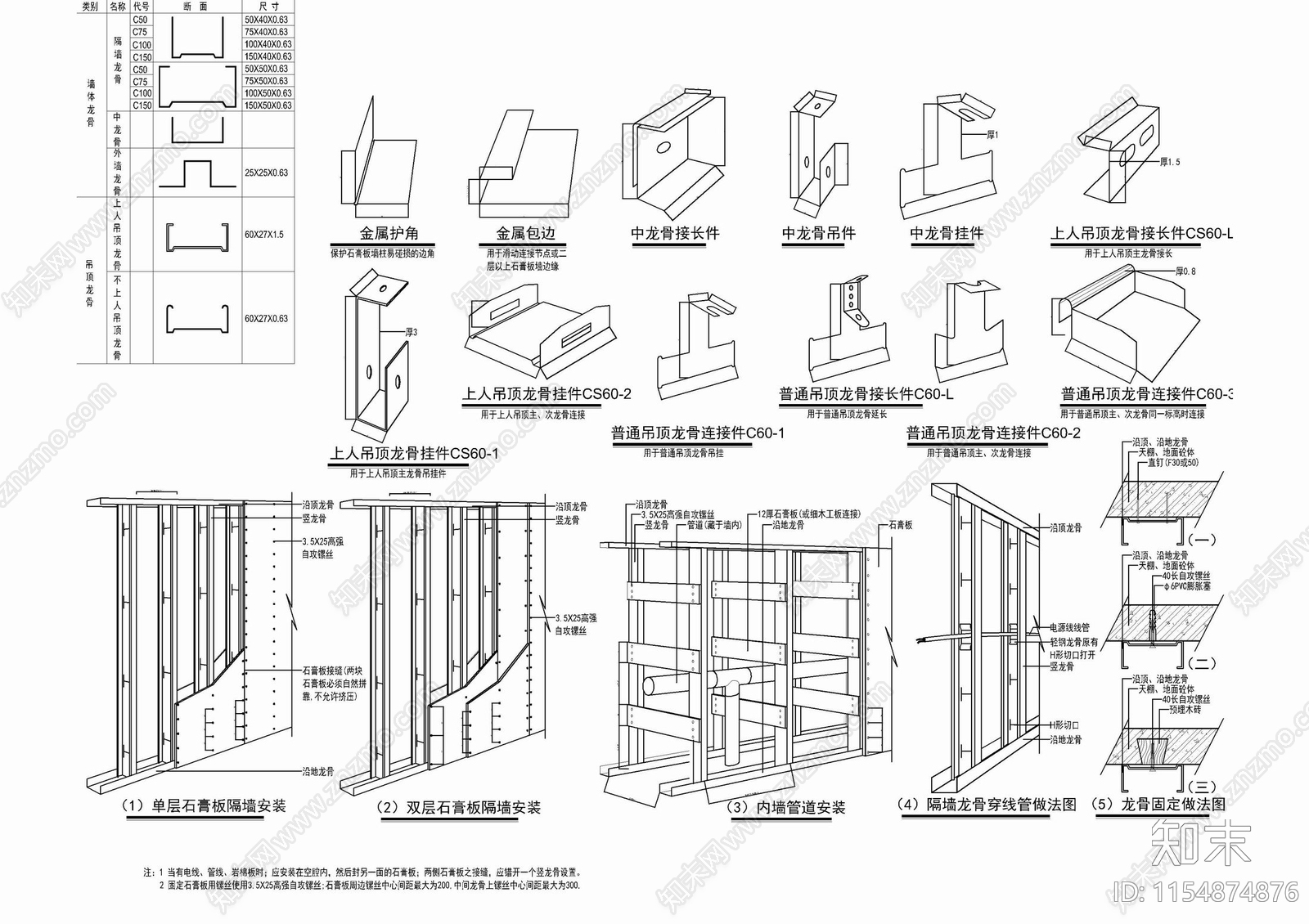 轻钢龙骨石膏板隔墙及吊顶施工详图施工图下载【ID:1154874876】