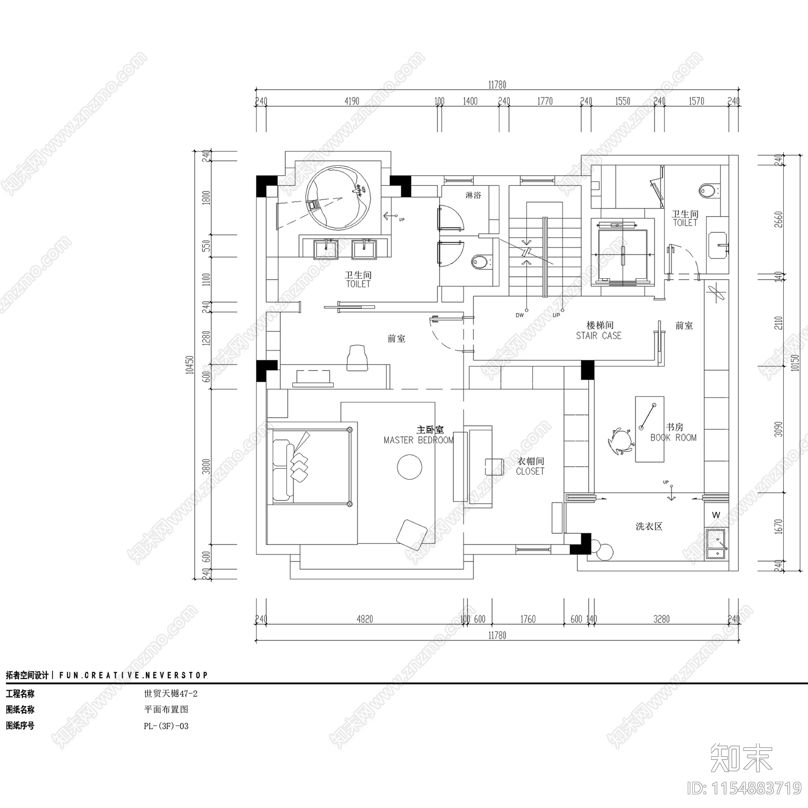 奶油现代上海世贸天樾三层别墅室内家装cad施工图下载【ID:1154883719】