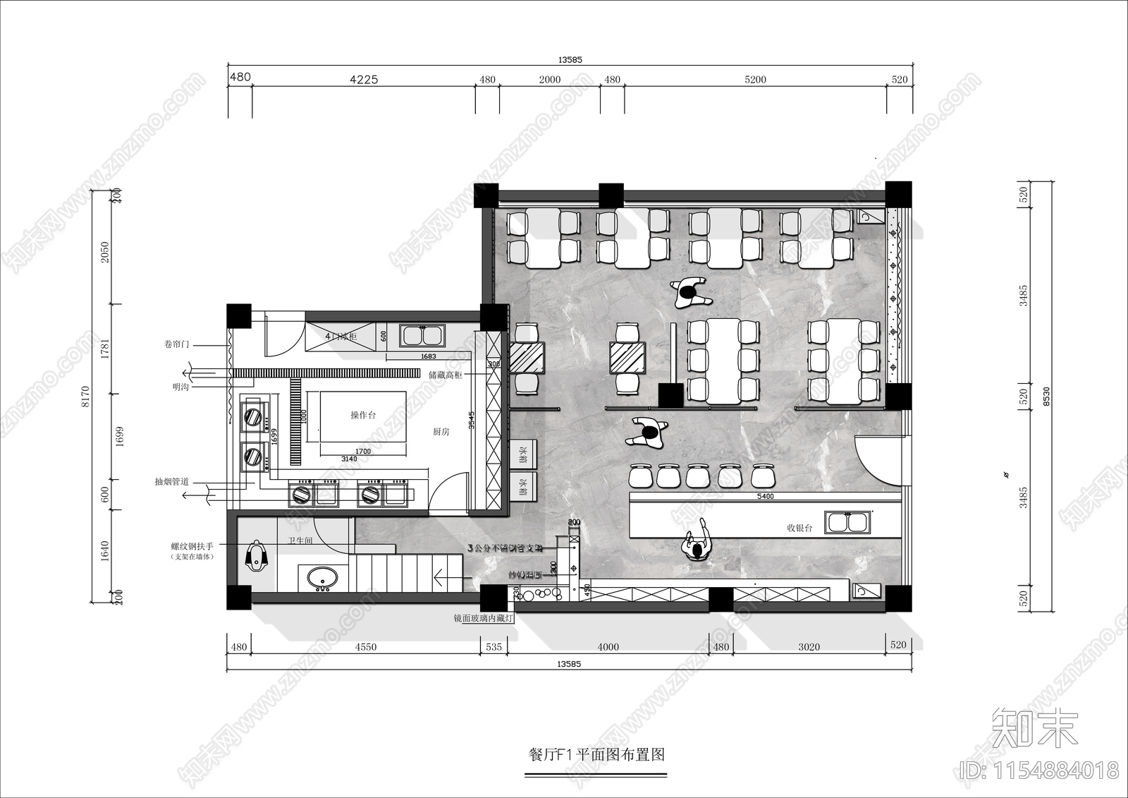 100㎡小餐馆沙县小吃平面布置图cad施工图下载【ID:1154884018】