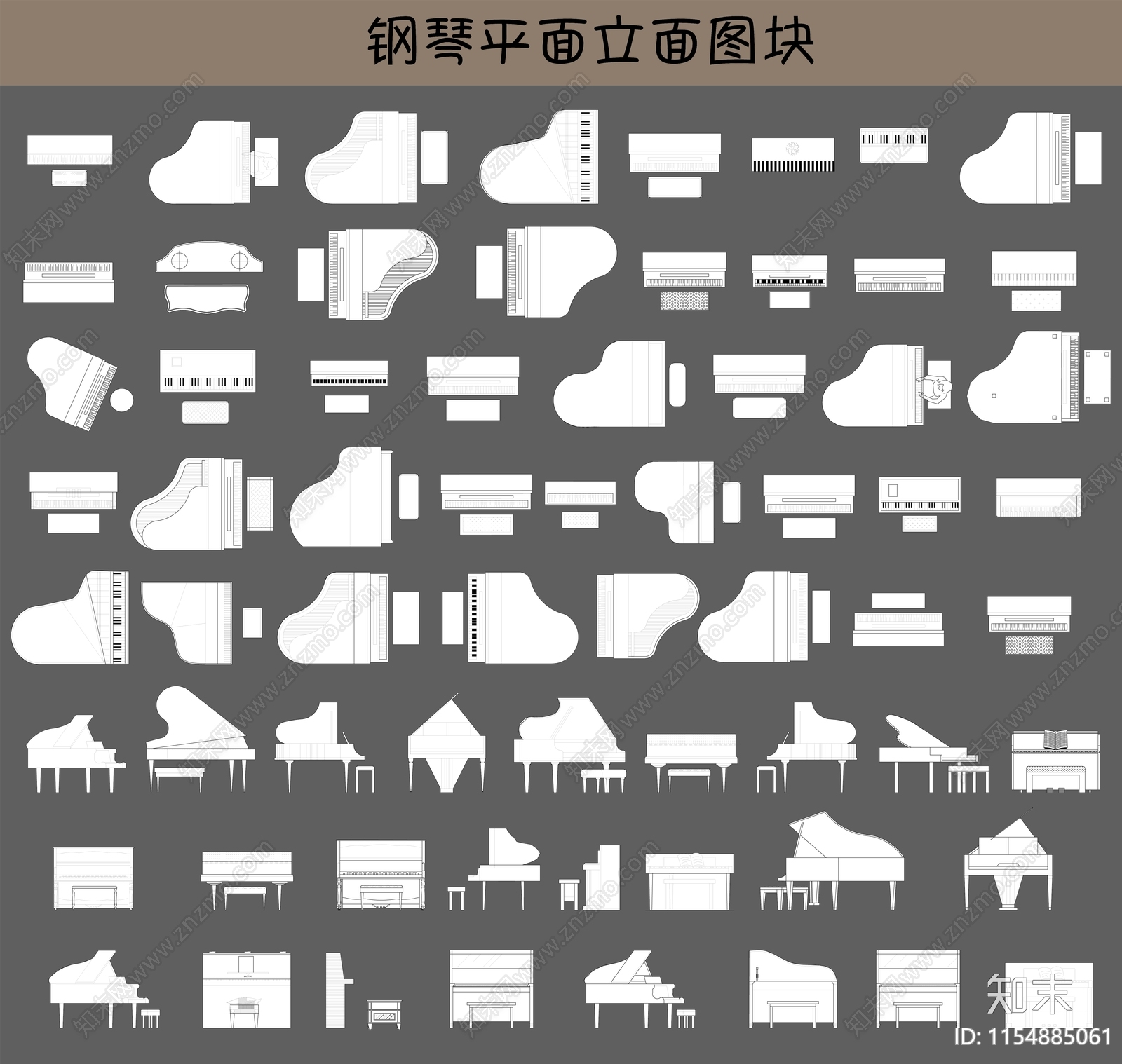 钢琴平面立面图块施工图下载【ID:1154885061】
