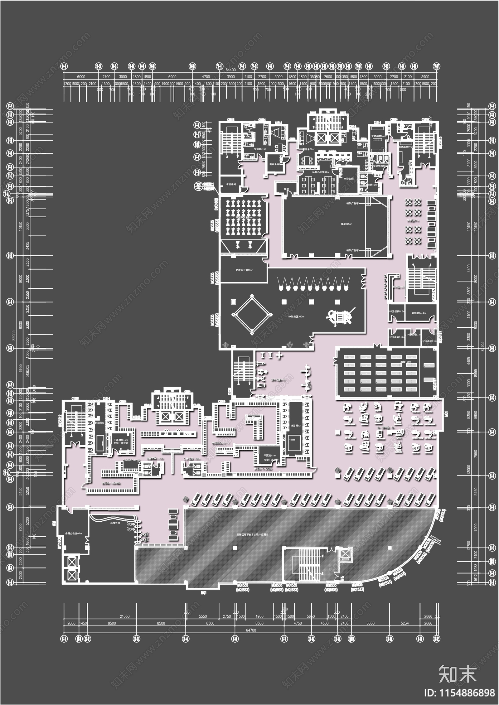 3000㎡健身会所平面布置图cad施工图下载【ID:1154886898】