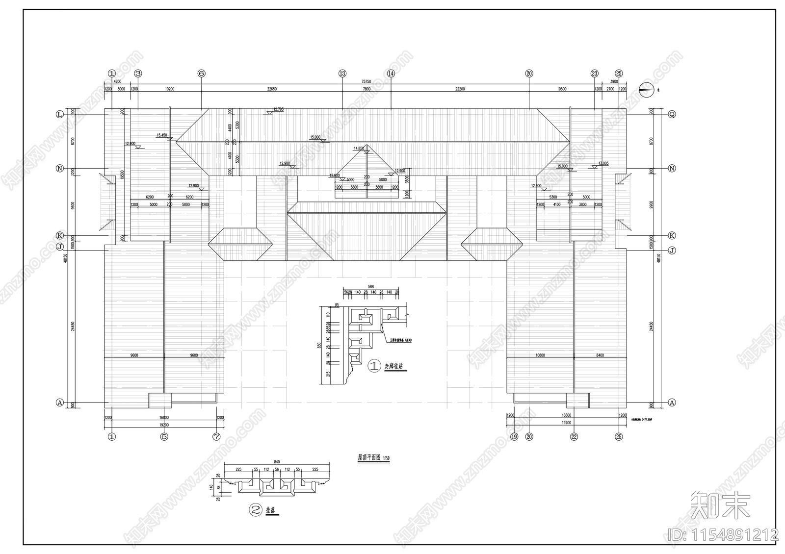 3层仿古市级图书馆建筑cad施工图下载【ID:1154891212】