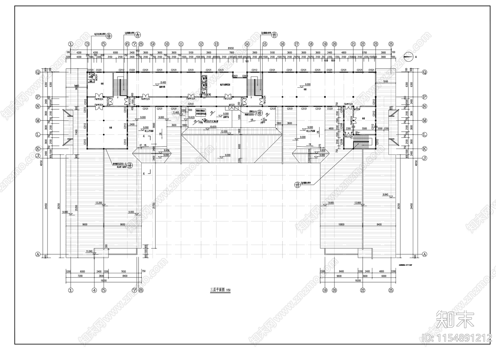 3层仿古市级图书馆建筑cad施工图下载【ID:1154891212】