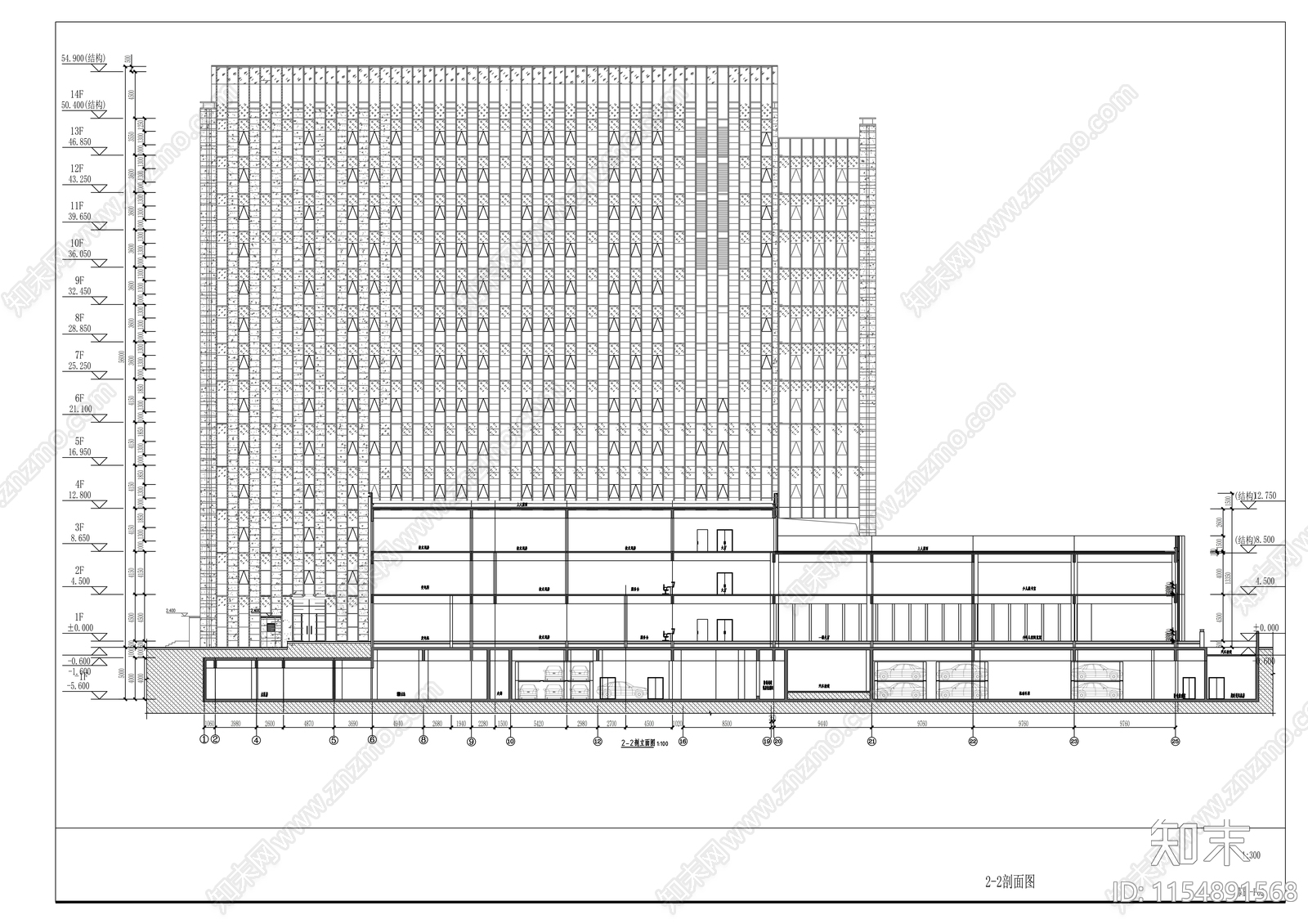 高层幕墙立面框架结构县级图书档案馆cad施工图下载【ID:1154891568】