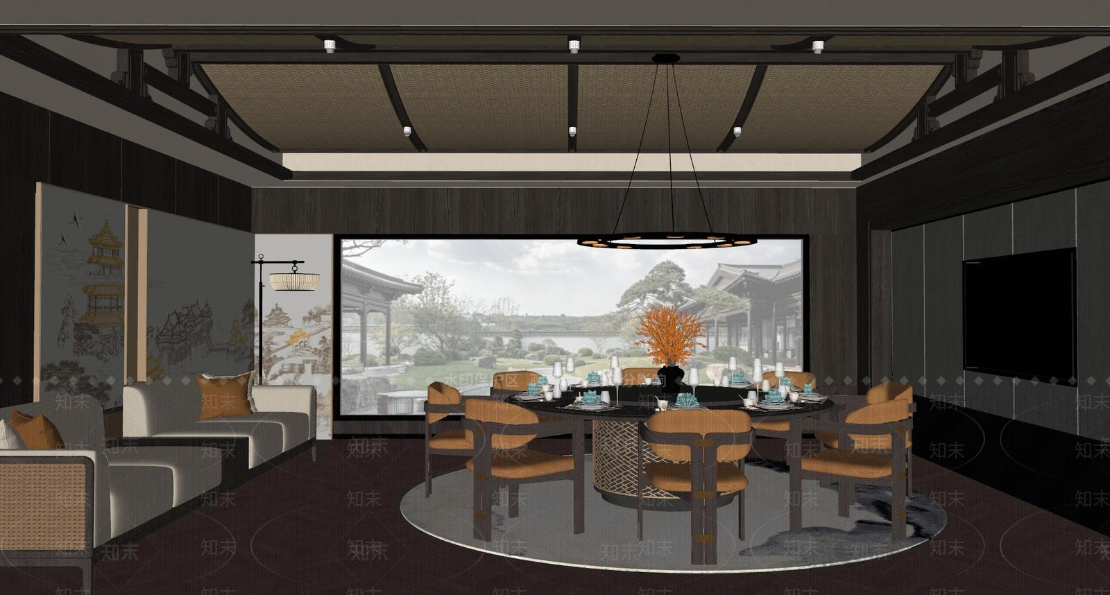 新中式餐厅包间SU模型下载【ID:1154893152】