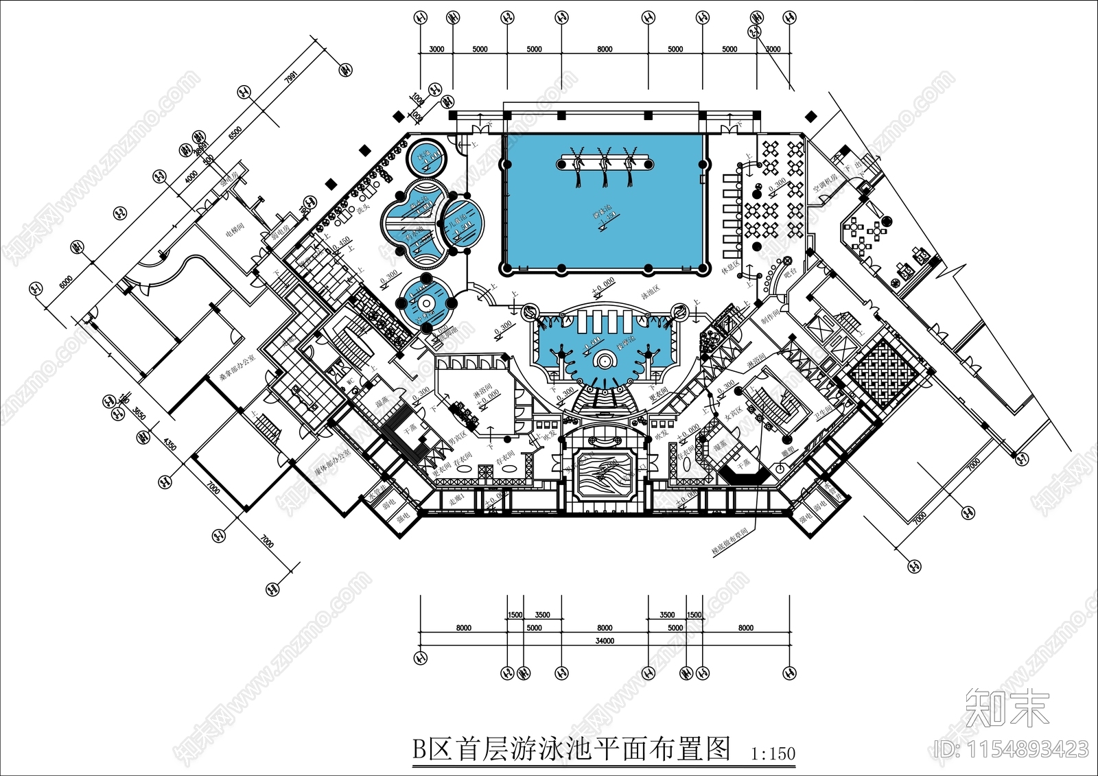 1400㎡星级酒店游泳桑拿池平面布置图施工图下载【ID:1154893423】