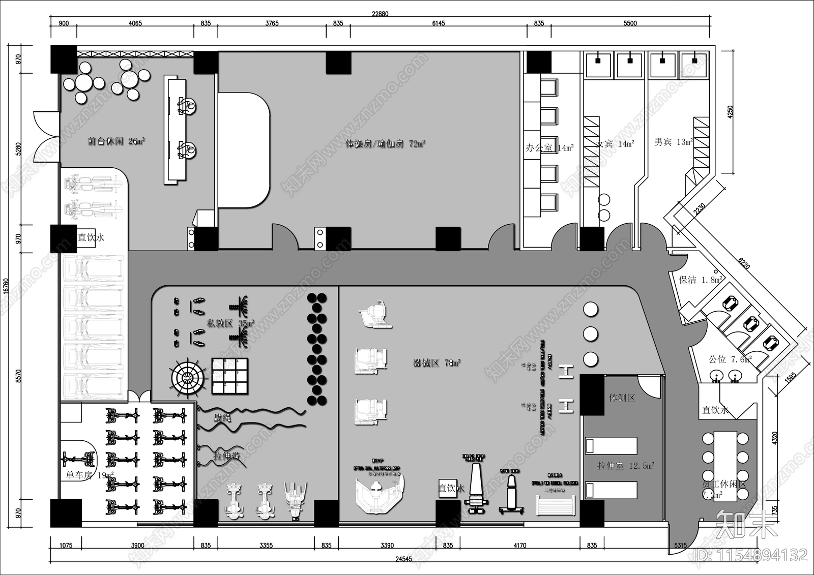 400㎡健身工作室平面布置图cad施工图下载【ID:1154894132】